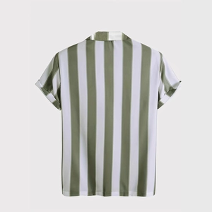Back view of men's casual short sleeve green and white striped shirt and shorts set