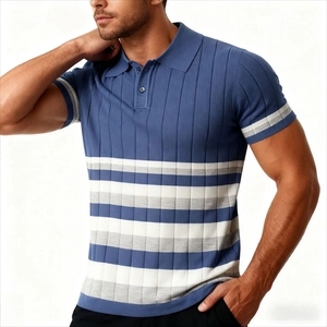 Detail of blue knit polo shirt featuring white horizontal stripes and textured vertical ribs