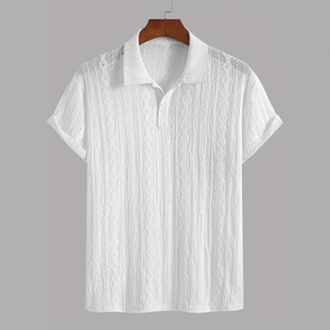 Polo blanc pour homme à manches courtes avec broderie géométrique ajourée respirante