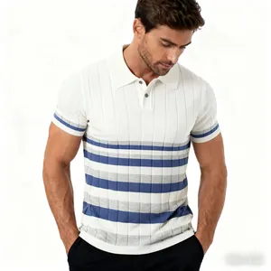 Close-up of knit Polo shirt showing vertical ribbed texture and blue striped pattern