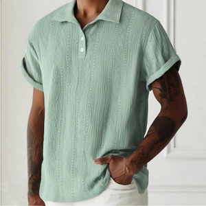 Polo en Tricot pour Hommes Motif Diamant Ajouré Respirant Haut à Manches Courtes Décontracté Été Style Vintage Vêtements Homme