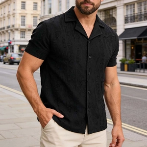 Men's black Cuban collar short sleeve shirt featuring high-quality 3D jacquard texture