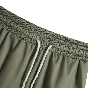 Men's olive green summer beach set featuring striped short sleeve shirt and drawstring shorts