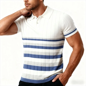 Detail view of men's polo shirt showing knit texture, stripe patterns and ribbed cuffs