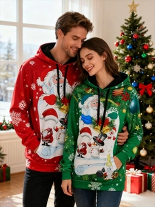Christmas Hoodie Men Women Casual Polyester Spandex Digital Print Santa Claus Snowman Pullover Festive Party Hooded Top
