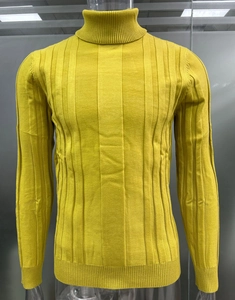 Detail of yellow turtleneck sweater featuring vertical ribbed knit texture and slim fit