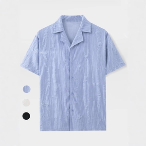 Men's Cuban collar short sleeve shirt with textured fabric in light blue, white, and black