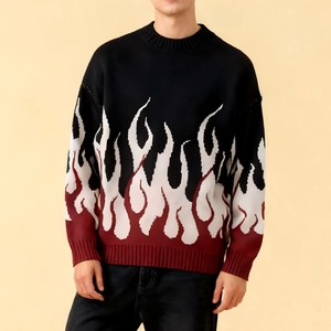 Detailansicht der Rippbündchen und des rot-weißen Flammen-Jacquardmusters am Ärmel