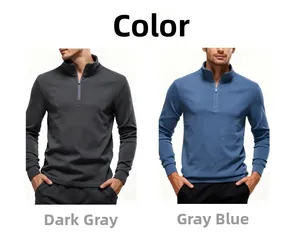Detail view of men's half-zip ribbed cuffs and stand collar in dark grey and blue-grey