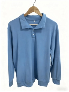 Close-up of light blue long sleeve polo shirt showing collar detail and two white buttons
