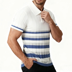 Detail of ribbed knit fabric on men's short sleeve polo shirt with striped patterns