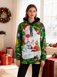 Christmas themed oversized hoodie with digital print of Santa and festive ornaments