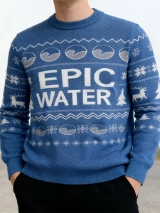 Blue knitted Christmas sweater featuring reindeer, snowflakes and Epic Water text design