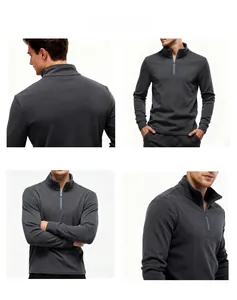 Detailed views of charcoal grey fleece sweatshirt with stand collar and 1/4 zipper