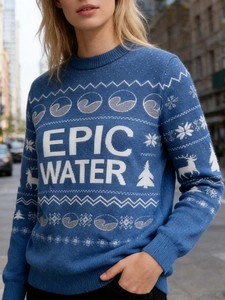 Navy blue Christmas knit sweater with white snowflake reindeer pattern and round neck