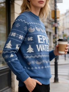 Navy blue Christmas sweater for men featuring snowflake reindeer knits and Epic Water text