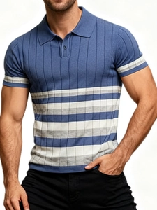 Men's Knitted Polo Shirt Short Sleeve Striped Ribbed Design Business Casual Work Top Breathable Color Block Summer Fashion