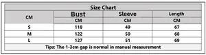 Detailed size chart for starry jacquard knit sweater including bust and sleeve measurements