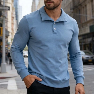 Classic slim fit long sleeve men's polo shirt in grey blue for casual business wear