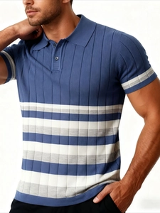 Men's blue striped knit polo shirt with vertical texture and short sleeves