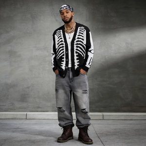 Cardigan in maglia streetwear con jacquard di scheletro umano bianco su base nera