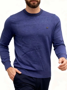 Men's blue heather knit sweater with contrast trim and crew neck in a slim fit