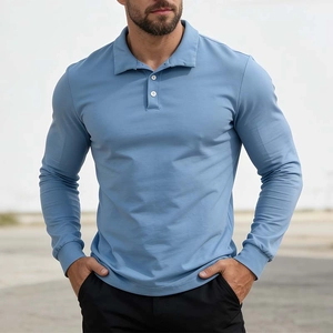 Classic light blue men's long sleeve polo shirt with ribbed cuffs and slim fit design