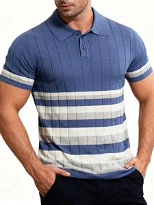 Men's ice silk polo shirt with dark blue and white stripes in a ribbed knit fabric