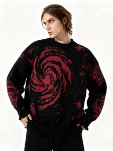 Men's dark streetwear knit sweater with red spiral galaxy jacquard and distressed hem