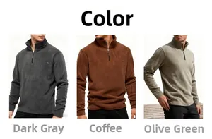 Close-up of men's half-zip polar fleece sweaters in dark grey, brown, and olive green