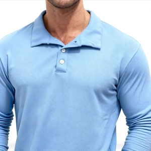 Classic light blue long sleeve polo shirt for men with textured knit and buttoned collar