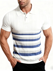 Men's white ice silk polo shirt with blue and grey horizontal stripes for summer wear