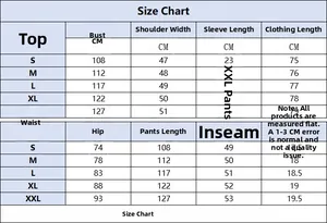 Detailed size chart for men's casual beach shirt and shorts set with measurement data