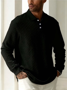Polo homme à manches longues noir avec maille torsadée et boutons blancs contrastants