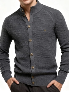 Men's dark grey slim fit cardigan with stand collar and textured knit pattern
