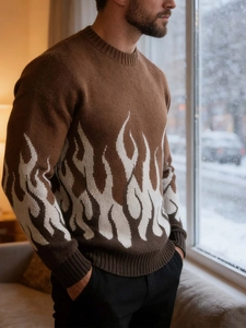 Men's crew neck knit sweater in dark brown with white flame jacquard pattern for winter