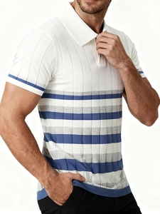Men's striped short-sleeve polo shirt in white and blue ice silk ribbed knit fabric