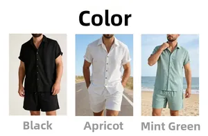 Mens summer casual shirt and shorts set in black, apricot and mint green linen fabric