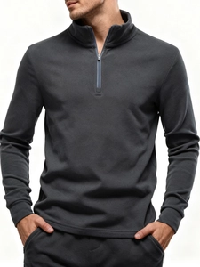 Men Half Zipper Stand Collar Sweatshirt DE Velvet Fleece Pullover Long Sleeve Warm Casual Sport Top For Winter Autumn