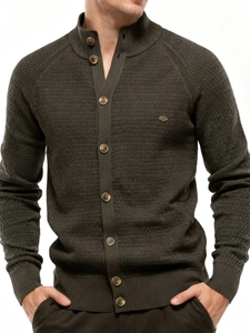Men's olive green stand collar cardigan with ribbed cuffs and textured knit pattern