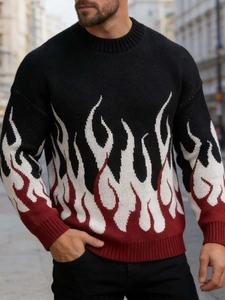 Men's knit sweater with tricolor gradient flame pattern and classic crew neck design