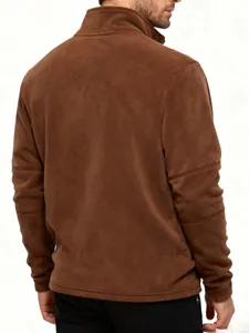 Back view of men's brown fleece jacket showing high neck and brushed texture fabric