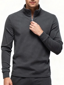 Men's dark gray fleece sweatshirt with half-zip stand collar and long sleeves for winter