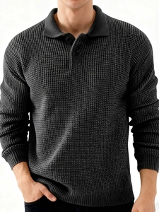 Men Waffle Knit Long Sleeve Polo Sweater Lapel Solid Color Knitted Warm Casual Business Acrylic Ribbed Cuffs Fashion Top