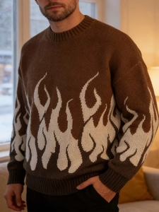 Brown oversized knitted sweater for men and women featuring white flame jacquard patterns