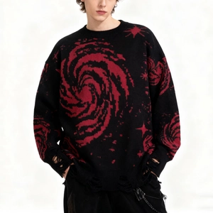 Distressed hem detail on men's dark street knit sweater with red galaxy jacquard