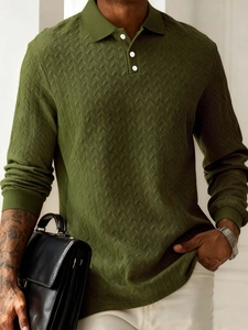 Polo Homme Manches Longues Maille Jacquard Texture Chevrons Business Casual Respirant Confortable Haut de Mode Vêtements Homme