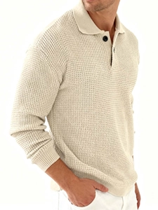 Men's slim fit waffle knit long sleeve polo sweater in off-white with button collar
