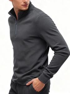 Men's dark grey quarter-zip fleece pullover with stand collar and ribbed cuffs