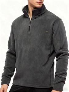 Men's dark grey polar fleece sweatshirt with 1/4 zip collar and metallic logo badge
